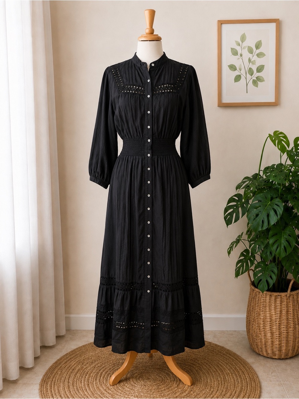 Cleobella Black Button-Front Cotton Lace Maxi Dress